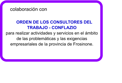 colaboracin con  ORDEN DE LOS CONSULTORES DEL TRABAJO - CONFLAZIO                                       para realizar actividades y servicios en el mbito de las problemticas y las exigencias empresariales de la provincia de Frosinone.